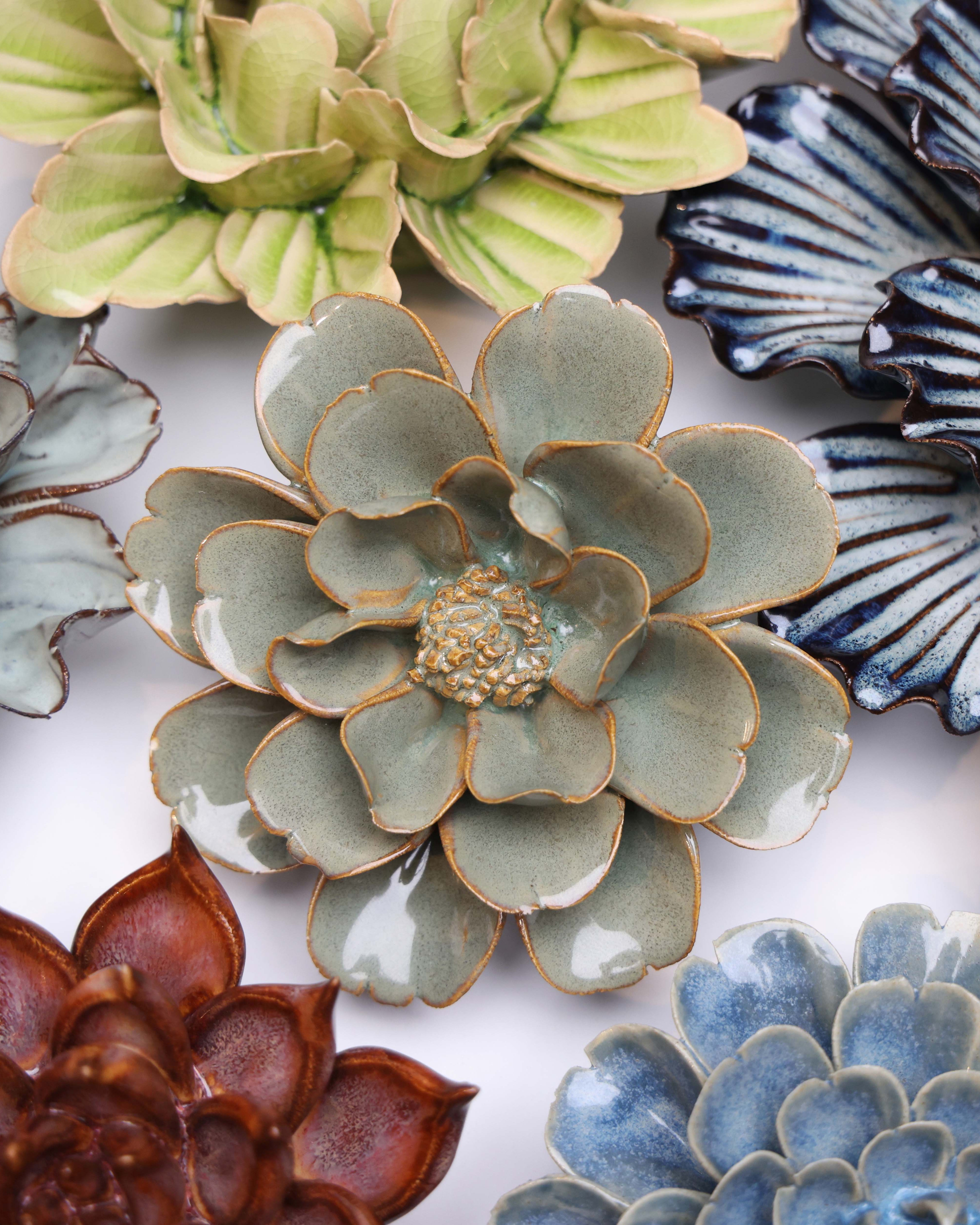 Japan Ceramic Flower Green Grey Hibiscus - Chive UK
